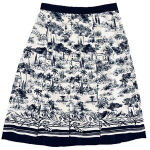 Tory Burch Vallauris Toile Print Silk Pleated Skirt Size 4 White Navy Lined Midi